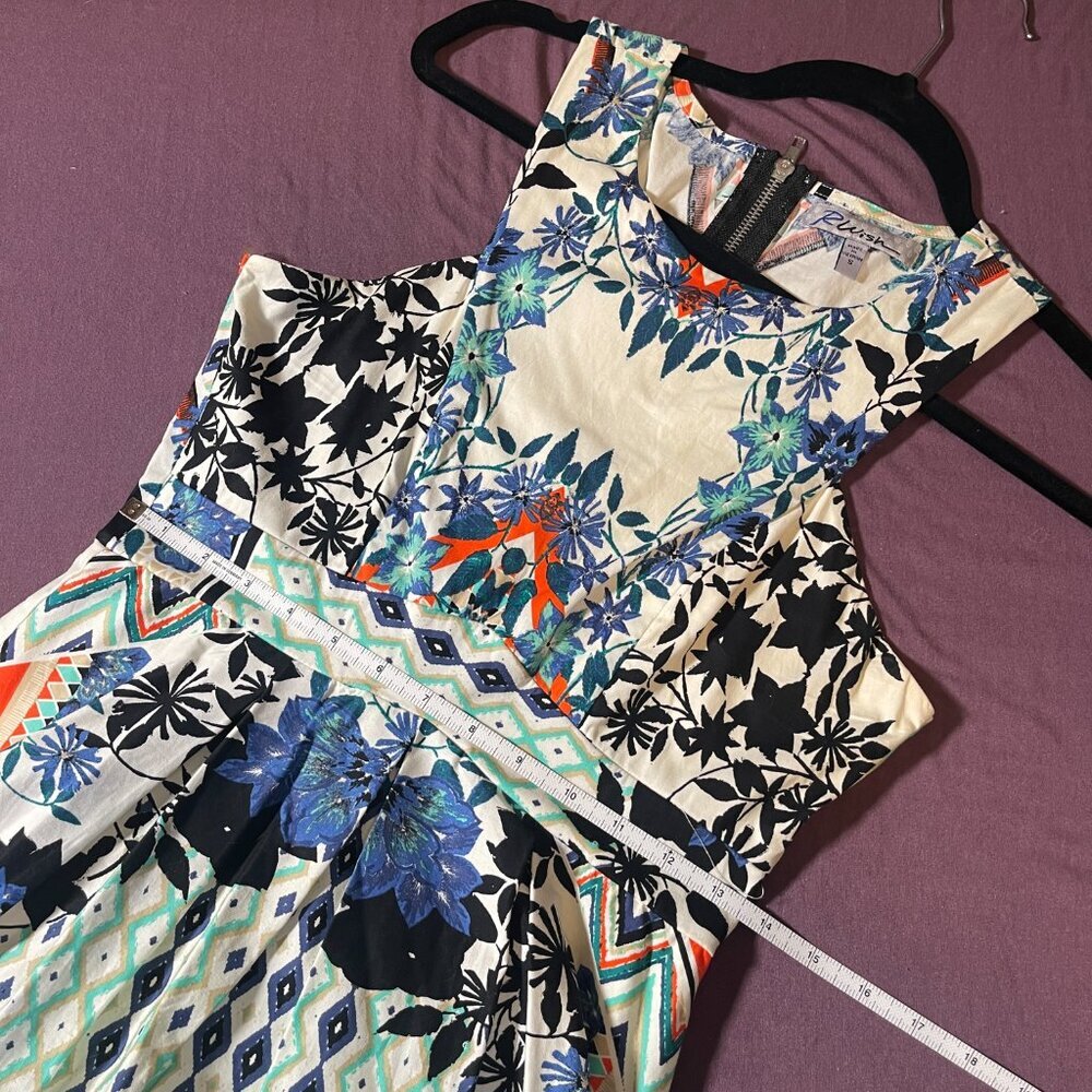 Rwish Fit and Flare Floral Geometric Dress with blues/orange - Size Small - Picture 7 of 8